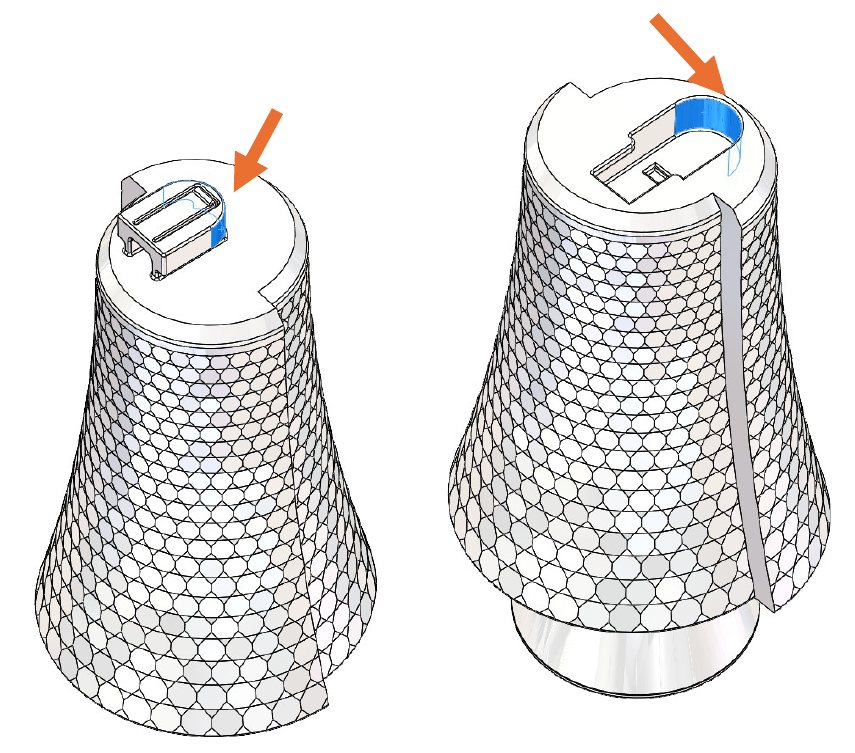 Two V-Turm segments with arrows pointing to the half-round sections of the connection