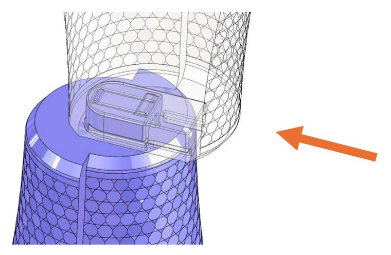 Cutaway of two V-Turm segments locking together, with an arrow showing the sliding direction
