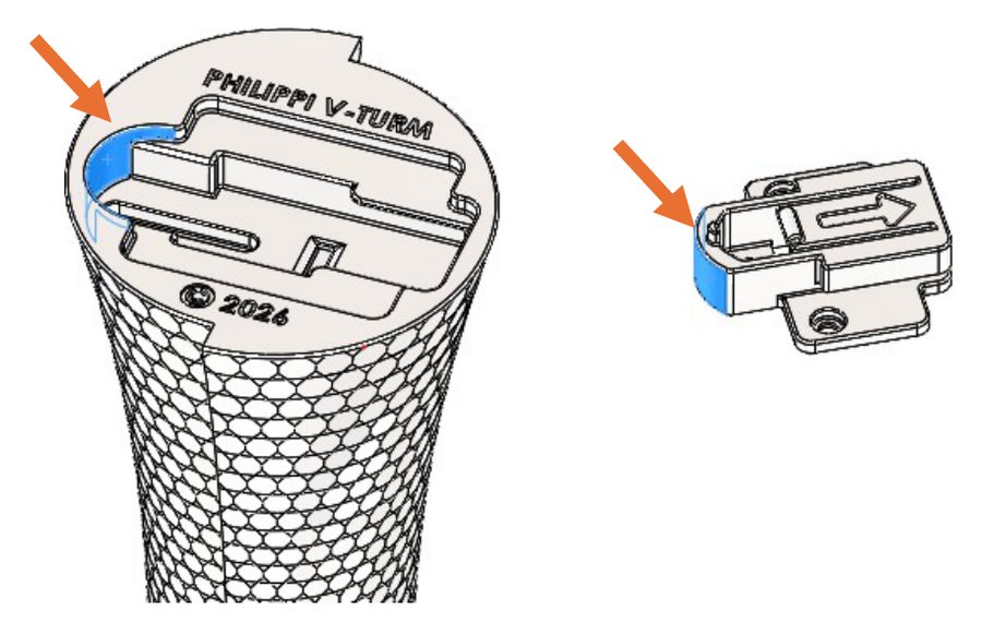 Base of the V-Turm and the V-Turm Mount with arrows pointing to the half-round sections