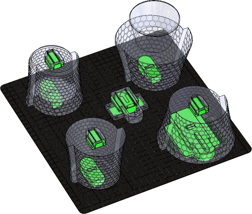 Support material shown in green on the four piece V-Turm print