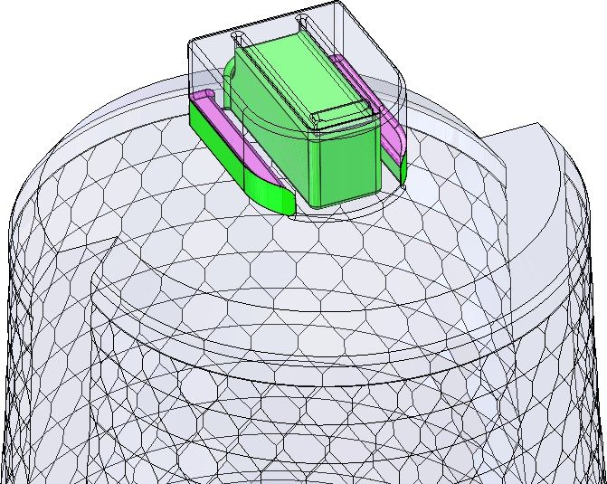 Close-up of the undercut around the base connection feature, highlighted in purple